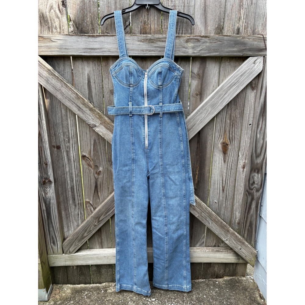 Etica Laurelle Jumpsuit Medium Wash Wide Leg Belted Bustier Zipper Front Women S